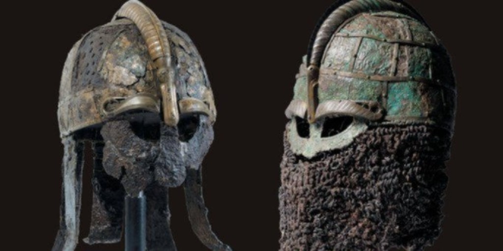 These helmets were excavated during the 1920s on a Swedish farm called Valsgärde. The helmets were found in ship burials and date to the Vendel Period, ca. 550-790 A.D. 

Gustavianum, Uppsala University Museum.