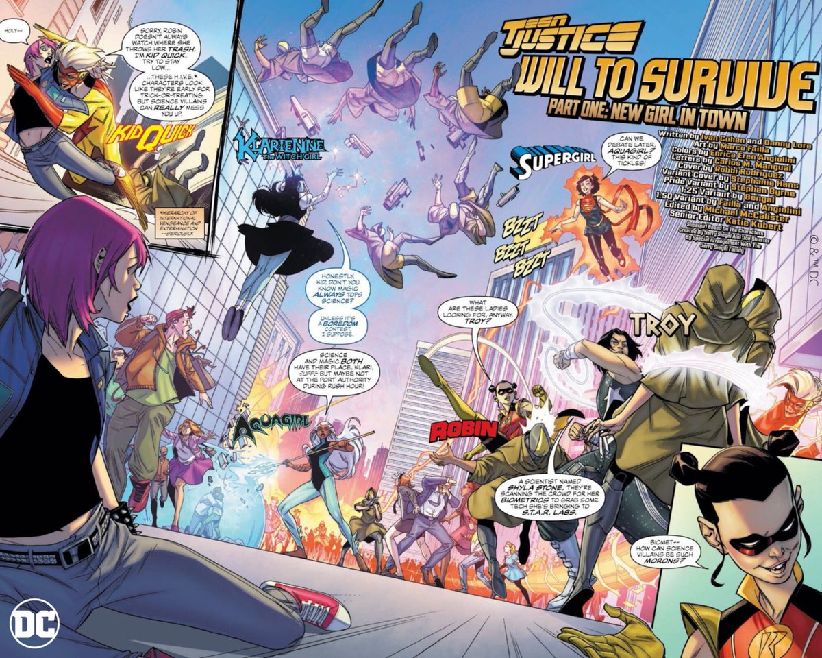 Full page spread introduction of the heroes of Earth-11, including: Kid Quick, Supergirl, Robin, Troy, Aquagirl, and Klarienne the Witch Girl