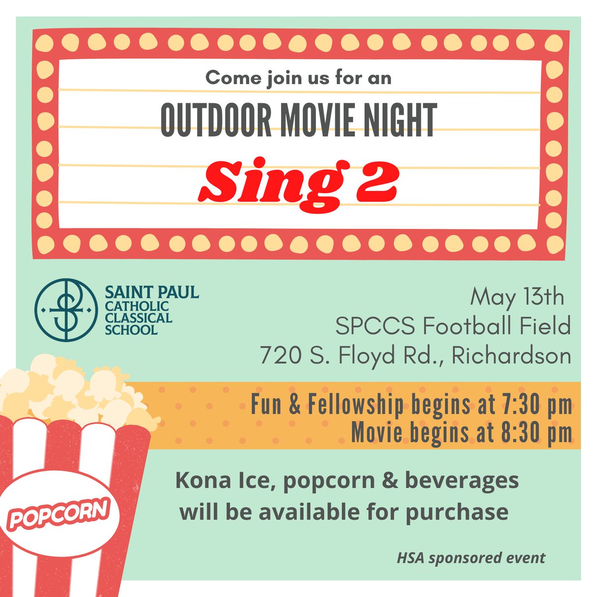 spsdfw's tweet photo. Don't forget to join us tomorrow for Outdoor Movie Night! See you at 7:30 for fun and fellowship. The movie begins at 8:30. Drinks, popcorn and Kona Ice available for purchase. Bring your lawn chairs or blankets.
#spccs #movienight #discoverfamily https://t.co/xubVUgYRDH