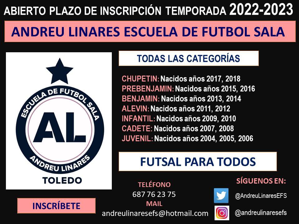 ‼️BIENVENIDOS‼️

👏 Arrancamos nuevo proyecto para la siguiente Temporada!

🫵 A partir del 1 de julio!

✅ ABIERTO PLAZO DE INSCRIPCIÓN Temporada 2022/23.

💯 Futsal para todos, reserva tú plaza!

#AndreuLinaresEFS #FutsalParaTodos ⭐️