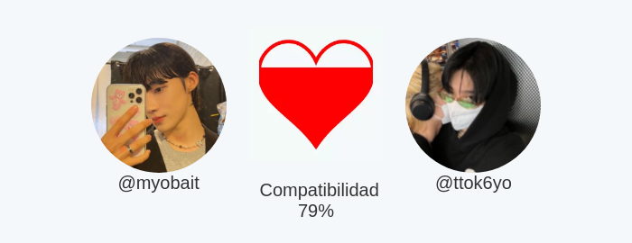 begyumi's tweet photo. Mi Compatibilidad Amorosa con @ttok6yo es del 79%

Calculado con https://t.co/DQGBIg3dBW

⠀ https://t.co/dVb82afWFC