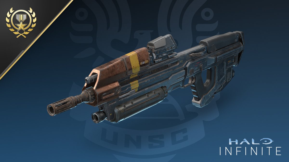 A close-up shot of an Assault Rifle with the Battleship Haze coating applied in Halo Infinite.