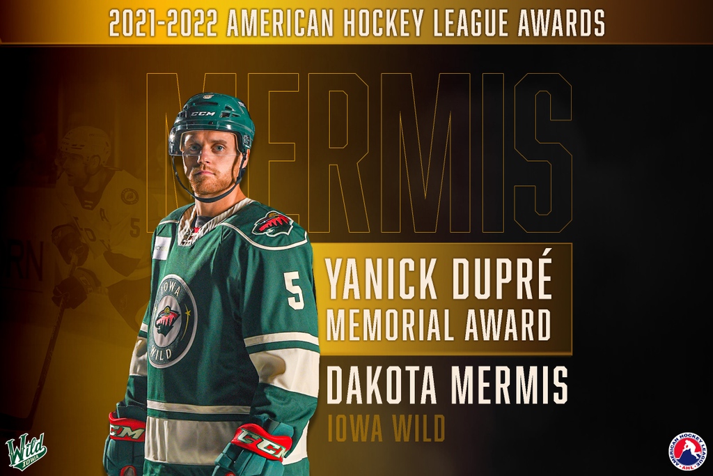 TheAHL's tweet photo. With his commitment to the Des Moines community, we are pleased to recognize Dakota Mermis (@IAWild) with the Yanick Dupré Memorial Award, as the 2021-22 @IOAUSA/@amerspecins AHL Person of the Year 🏆

📝: https://t.co/H4d0Eowl0Q https://t.co/X9CoPt98YL