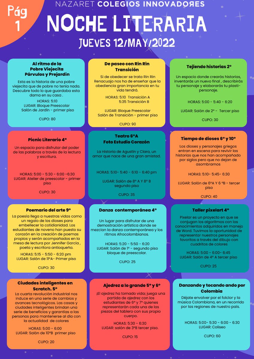 ManyanetItagui's tweet photo. Todo a punto para nuestras Noches Literarias 2️⃣0️⃣2️⃣2️⃣
Un espacio para disfrutar en familia y para asombrarnos con el talento de nuestros niños, niñas y jóvenes
Acompáñemos desde las 5:30 hasta las 7:30 p.m🌠📚
#sellonazaret
#conectadosati
#conectadosporti https://t.co/rbnoYxdS66