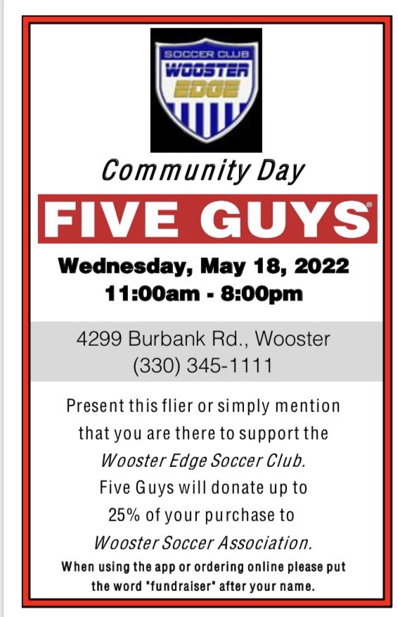 WoosterEdge's tweet photo. Reminder! Next Wed is our Dine to Donate day at Five Guys! https://t.co/NANi2N4WfP