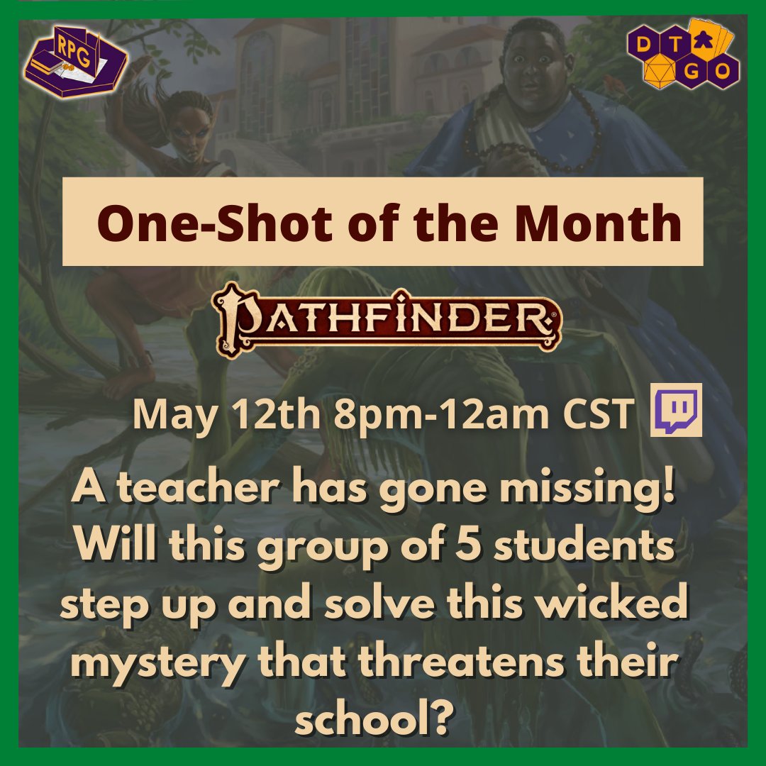 our May One-shot of the Month will be livestreamed at 8pm CST tonight!  Our Twitch link can be found in bio! 

#DTGO #Deaf #ASL #ttrpg #twitch #pathfinder
