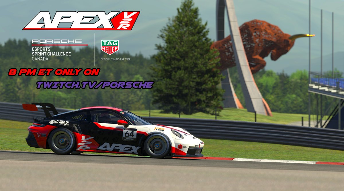 ApexV2R's tweet photo. Time to run with the Bulls! The Porsche Esports Sprint Challenge Canada heads to the Red Bull Ring for Round 5 of the Championship Watch Team @ApexV2R race against the best in Canada tonight at 8:00pm on https://t.co/aDiugVxX9K by @sym_tv ! #PorscheEsportsCan #TAGHEUERxPORSCHE https://t.co/Yq3d0X3KPC