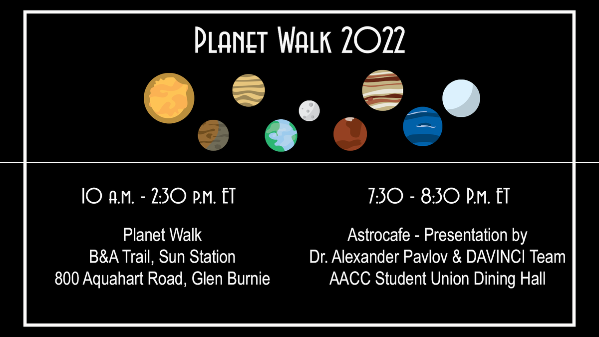 NASAGoddard's tweet photo. If you are in the Annapolis area this weekend, take a trip #AroundTheSolarSystem in person with the Planet Walk. This Saturday, May 14, join fellow space-lovers in learning about the planets and NASA’s #DAVINCIMission! 

More information: https://t.co/tBxDJJkgJY https://t.co/b2JRcGBpSu
