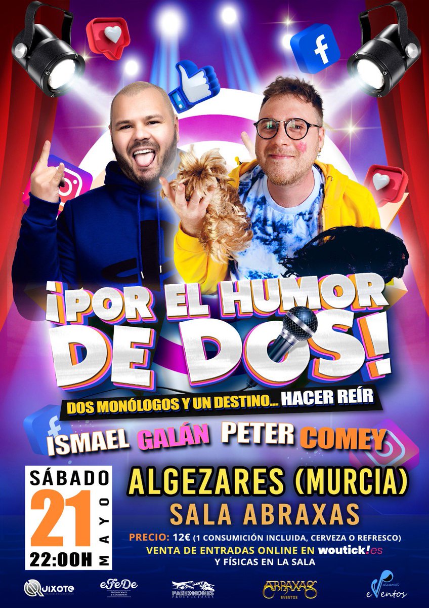 Para acabar el fin de semana, el sábado 21 de Mayo, estaremos en Sala Abraxas de Algezares!

<a href="/petercomey/">Pedro Lázaro</a> e Ismael Galán, rematarán el fin de semana en Algezares!

📅 Sábado 21 de Mayo 2022.
📍 Sala Abraxas Algezares (Murcia)
⏰ 22:00h.
🎟 woutick.es/evento/22975/e…
#Algezares #Humor