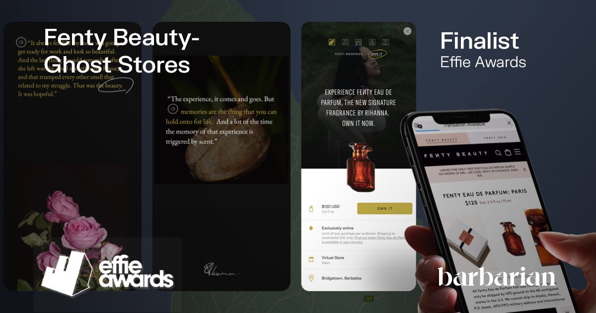 WeAreBarbarian's tweet photo. Effectively driving growth for our clients is why we exist. Being recognized as a 2022 US @EffieAwards finalist for our work to launch Fenty Eau De Parfum is truly an honor. We are creating effective work that drives results, pushes the status quo + will #CreateTheFutureFaster https://t.co/q2ZgkprECW