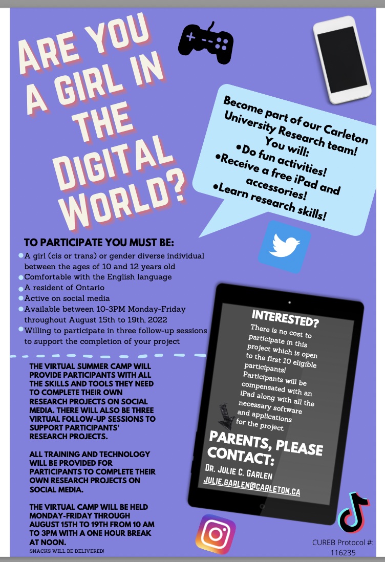 Spread the word - it's official! The Girls in the Digital World research team is looking for co-researchers to participate in a virtual summer camp August 15-19th!