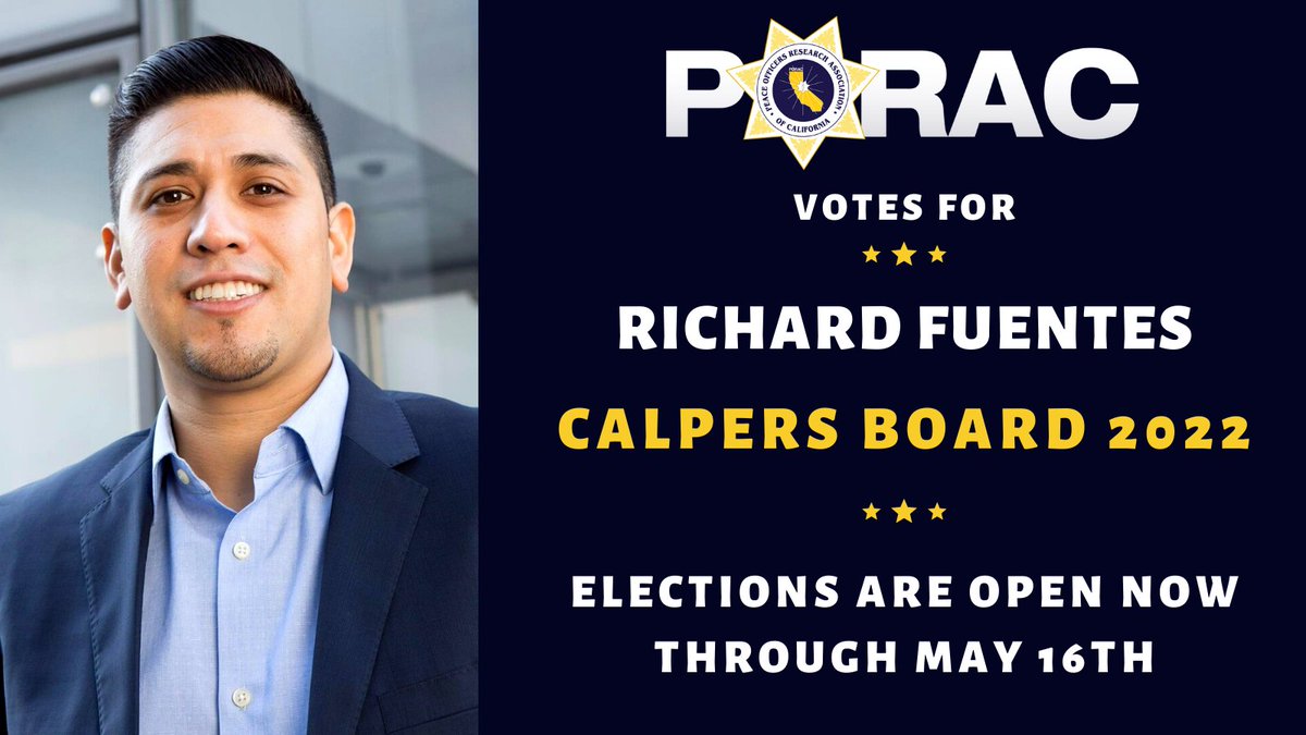 <a href="/CalPERS/">CalPERS</a> board election is running now! Vote for <a href="/PORACalifornia/">PORAC</a> endorsed candidate Richard Fuentes! <a href="/ritchiefuentes/">Richard Fuentes</a> Elections end on Monday, May 16th. Learn more about Richard here: bit.ly/3L77RqU  #PORACEndorsed