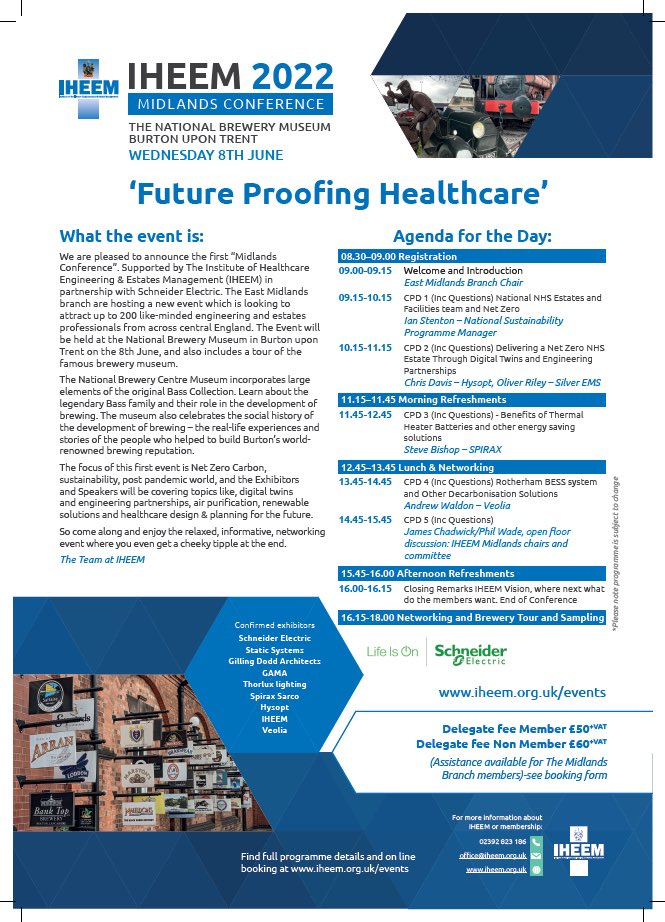 jaycdesigns's tweet photo. Come along and get an update on what is happening in Healthcare to future proof it.  Opportunity to gain a day of valuable CPD in a great environment, and end the day if you wish on a tour of the brewery museum and a sampling taster.  Below is full programme #iheem https://t.co/4dBjoQnL4S