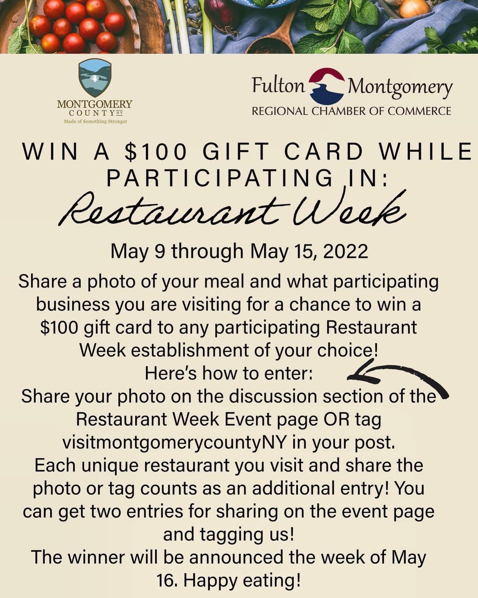 MontgomeryCoNY's tweet photo. It’s Restaurant Week in Montgomery County! #montgomerycountyny #foodies https://t.co/c2rsaZIIvJ