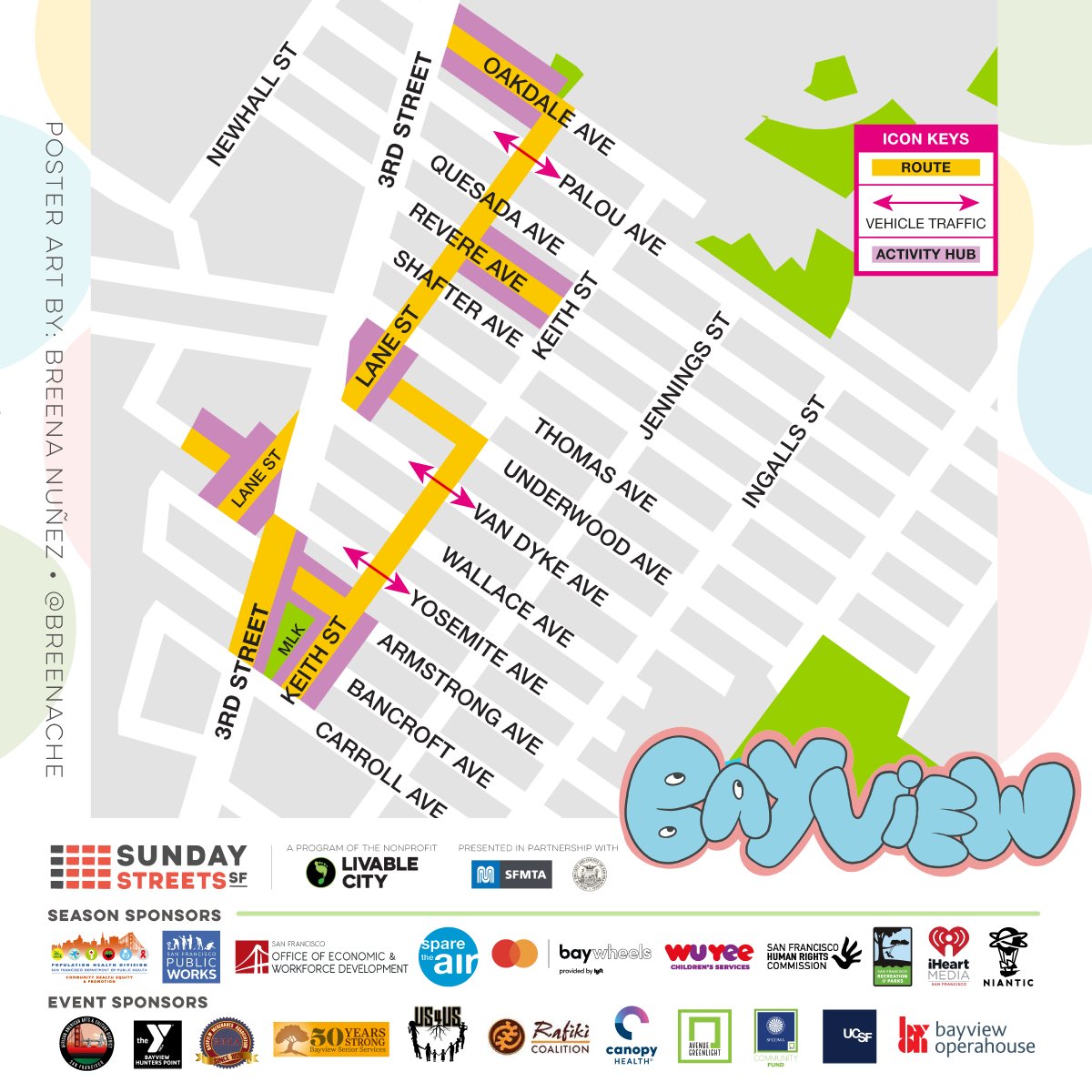 Sunday Streets SF (@sundaystreets) on Twitter photo The <a href="/circuscenter/">Circus Center</a> is coming to Bayview! Get your juggle on, test your balance walking on a tight wire, & get the best of the circus right on the streets.๐ช๐คนโโ๏ธโจ
๐ Sunday, May 22
๐ 11AM-4PM
๐ Oakdale/Lane/Keith/3rd
๐ sundaystreetssf.com/bayview
~~
๐จ poster artwork by @breenache The <a href="/circuscenter/">Circus Center</a> is coming to Bayview! Get your juggle on, test your balance walking on a tight wire, & get the best of the circus right on the streets.๐ช๐คนโโ๏ธโจ
๐ Sunday, May 22
๐ 11AM-4PM
๐ Oakdale/Lane/Keith/3rd
๐ sundaystreetssf.com/bayview
~~
๐จ poster artwork by @breenache