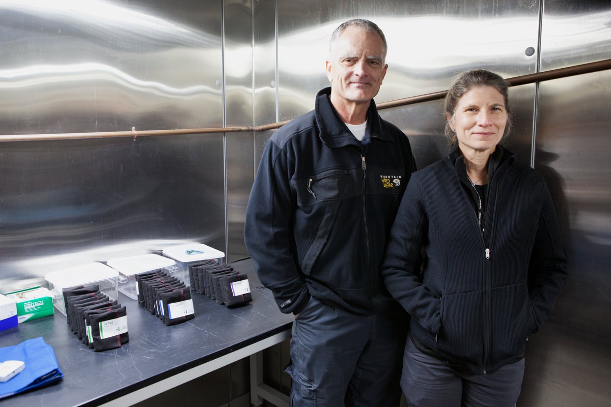 Drs. Rob Ferl and Anna-Lisa Paul in a cold room in the Kennedy Space Center Processing Facility with the petri plates they prepped at the University of Florida for APEX-04. Paul is the principal investigator (PI) and Ferl is co-PI. Apex-04 is an experiment involving Arabidopsis in petri plates inside the Veggie facility aboard the International Space Station. Since Arabidopsis is the genetic model of the plant world, it is a perfect sample organism for performing genetic studies in spaceflight. The experiment is the result of a grant from NASA’s Space Life and Physical Sciences division.