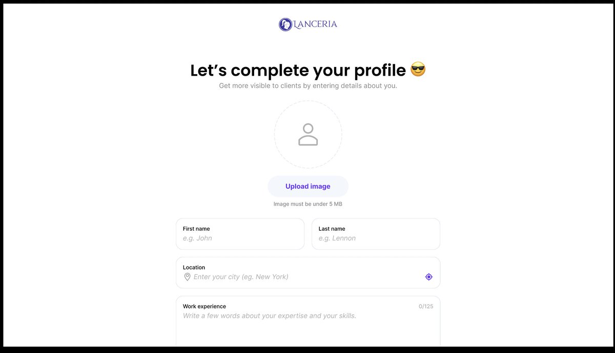 lancerialabs's tweet photo. Today's screenshots : when users of Lanceria first log in, have to put in their first &amp; last names, location and a description of their experience. https://t.co/lkTFwU5dT1