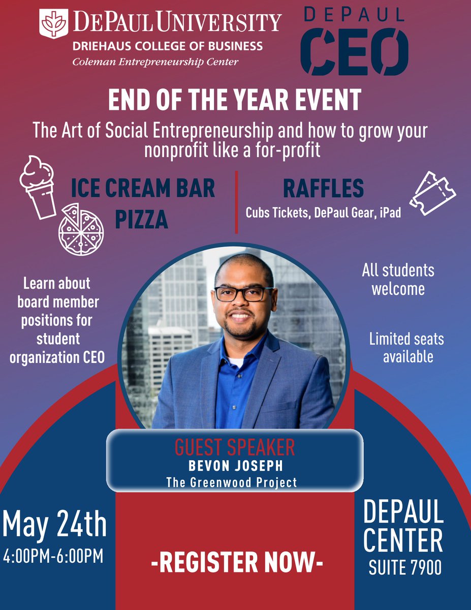 ColemanCenter's tweet photo. The Coleman Entrepreneurship Center and @ceo_depaul are thrilled to invite you to this celebratory End-of-Year event! 

DePaul alum Bevon Joseph, Founder of the Greenwood Project, will be speaking on his entrepreneurial journey in social entrepreneurship. https://t.co/YFHdrxARjl