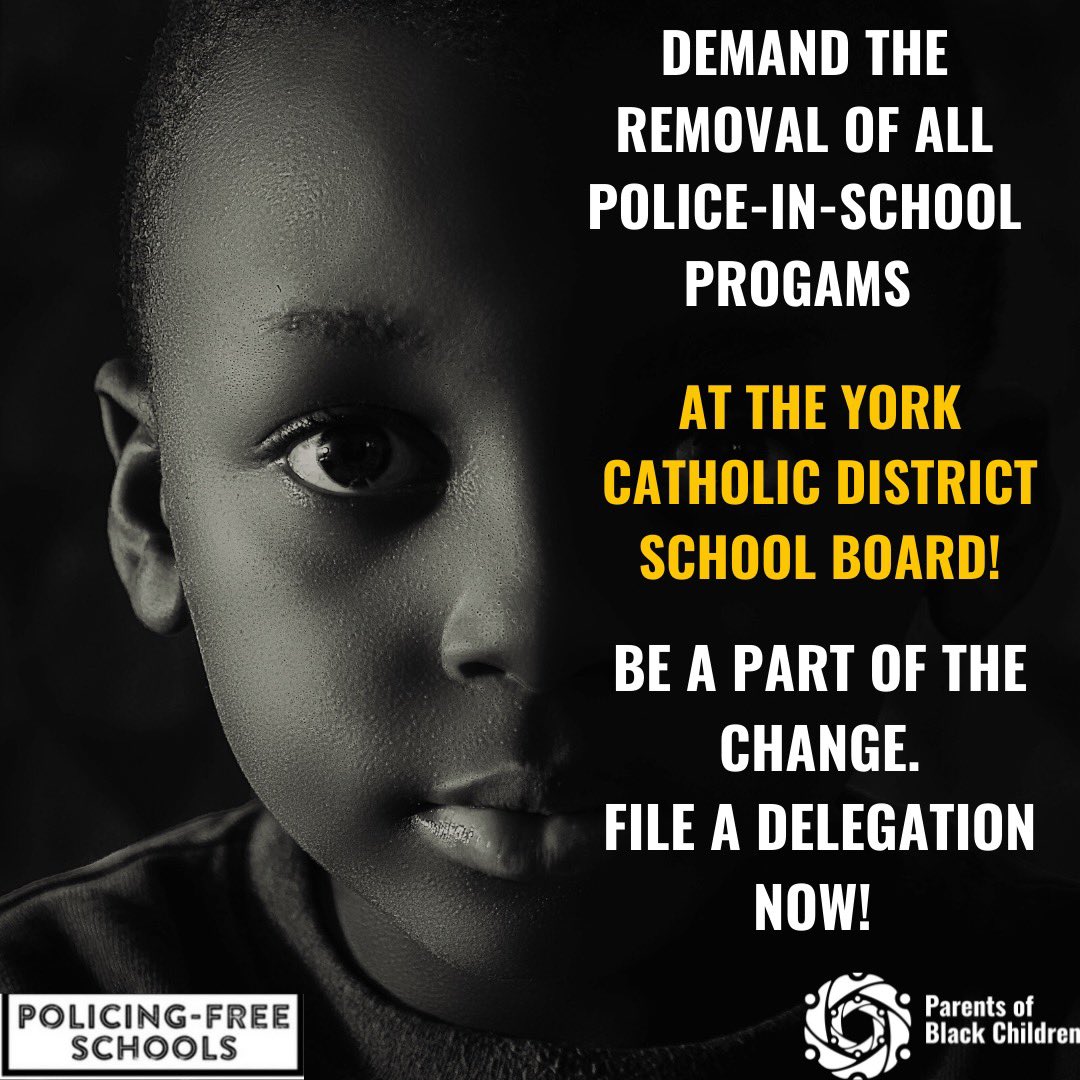 YORK CATHOLIC PARENTS! Join us and @PolicingFreeSch in demanding the removal of all police in school programs at the York Catholic District School Board! File a delegation before May 19th Here: ycdsb.ca/trustees/deleg…