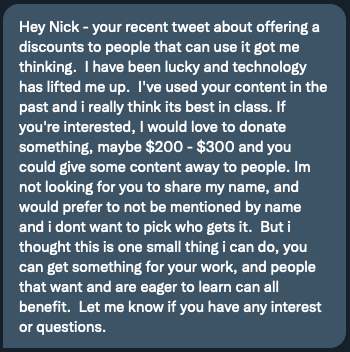 nickrusso42518's tweet image. Unsung hero.

I refused the offer. I'll give $300 of CCIE SP content away to low-income technologists and take the financial loss myself. More to follow.