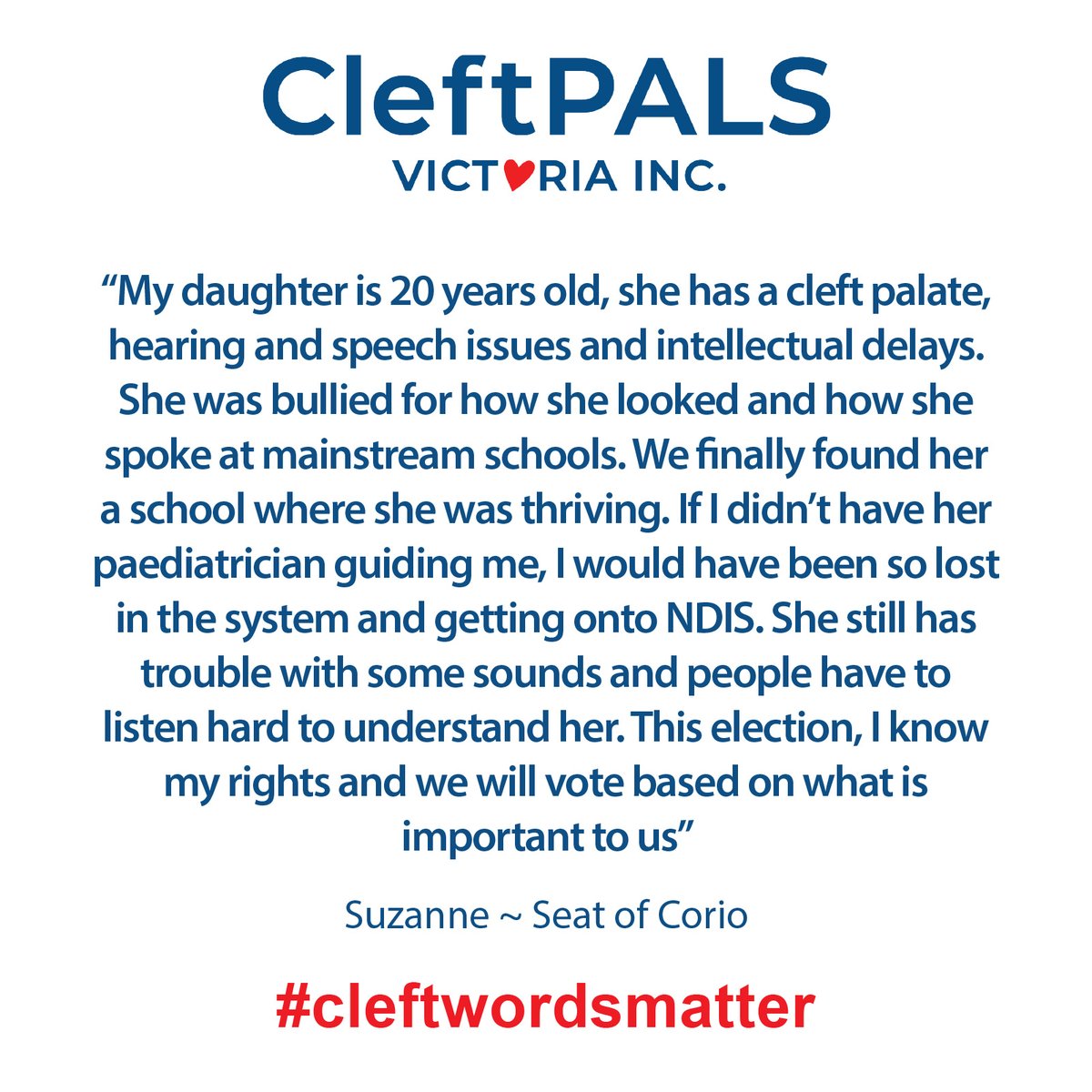 CleftpalsV's tweet photo. This is Suzanne's story from Corio. Cleft families need better support to allow our children to thrive. 

@RichardMarlesMP will you support @Petajan w changes to the Medicare Cleft Scheme, and a Senate inquiry into cleft care in AU vs OECD countries?

#Cleftwordsmatter https://t.co/LO7XuNA87n