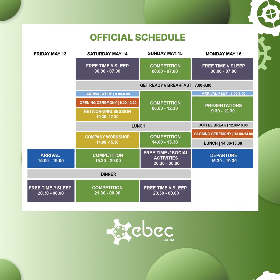 EBECIberia's tweet photo. And we have a schedule ❗️❗️❗️ 
Our participants will have time to work hard but also get to know each other and the organizers in what we are sure will be a weekend jam-packed with excitement and fun. Stay tuned for more.
#EBECIBERIA22 #EBEC22 #WhereInnovationsBegins #engineering https://t.co/HlenBaMK0k