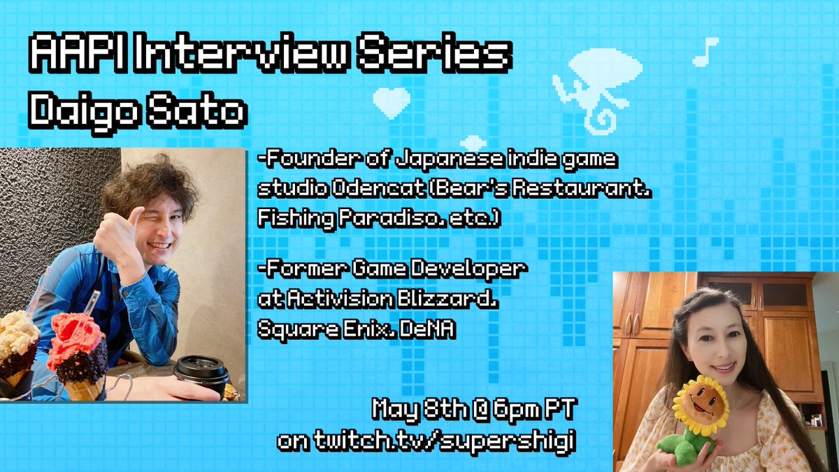 supershigi's tweet image. For our final #AAPI interview, I'll be chatting with Daigo Sato @daigo (Odencat CEO, formerly @ Blizzard/Square Enix) about working on games like Bear's Restaurant, Fishing Paradiso and Final Fantasy 14! + food, creativity &amp;amp; being ハーフ

Today @ 5pm PT:
twitch.tv/supershigi