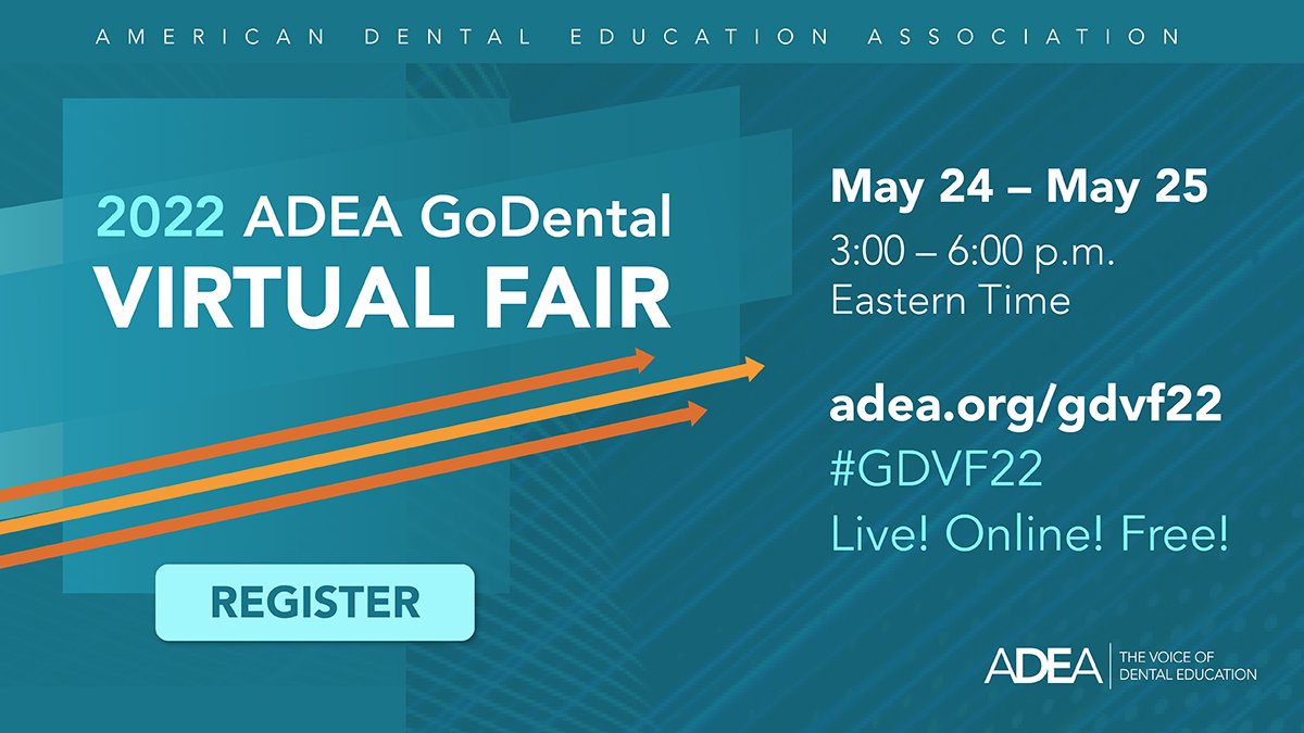 ADEAGoDental's tweet photo. Discover your best fit! Attend the 2022 ADEA GoDental Virtual Fair and interact with 50+ U.S. and Canadian dental schools. The fair takes place for two days on, May 24-May 25. Secure your spot by registering today! #GDVF22 #PreDental #FutureDentist
https://t.co/FdEi1eNZ8r https://t.co/dzRzX0dqm3