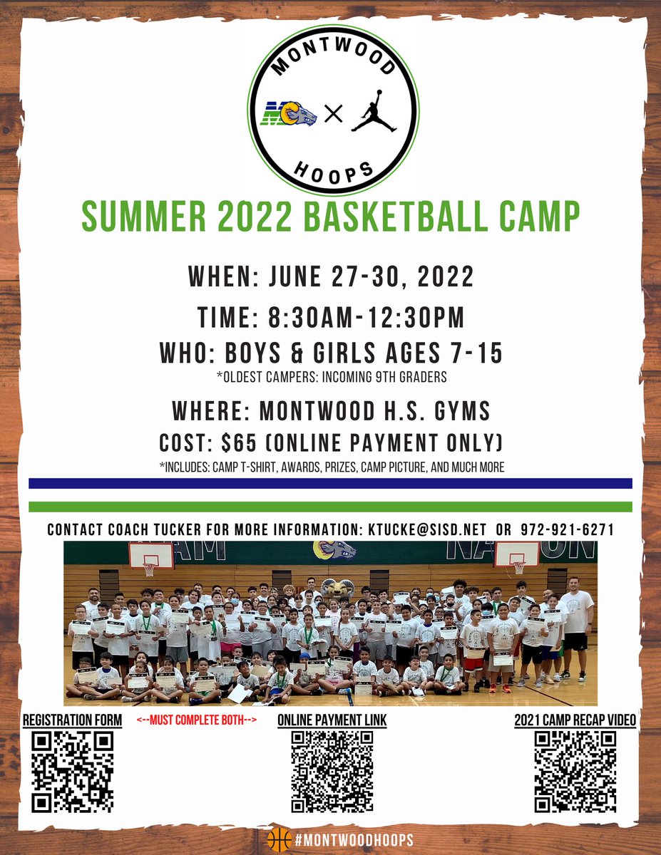 MontwoodHoops's tweet photo. Camp SZN is right around the corner ! 🔥
Click the links or scan the QR codes for more info !

Online Camp Registration Link
https://t.co/s0ZsD65Q5P

Online Payment Link
https://t.co/BEkQ1mGyfT

Camp Recap Video
https://t.co/BTYfssAoFo

Don’t Miss Out !!! 😎
#MontwoodHoops🏀 https://t.co/dg2JZOq961