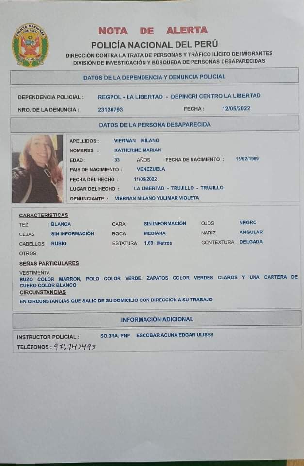 MuDesaparecidas's tweet photo. 🚨🚨#URGENTE 🚨🚨
Katherine Marian Vierman Milano (33), está reportada como desaparecida desde el 11 de mayo de 2022, en #Trujillo.

En caso de tener información comunicarse a la #Línea114 o al 923479223.

Por favor, ayúdennos a encontrarla.

#LasDesaparecidasImportan https://t.co/0rSfkBZXqd