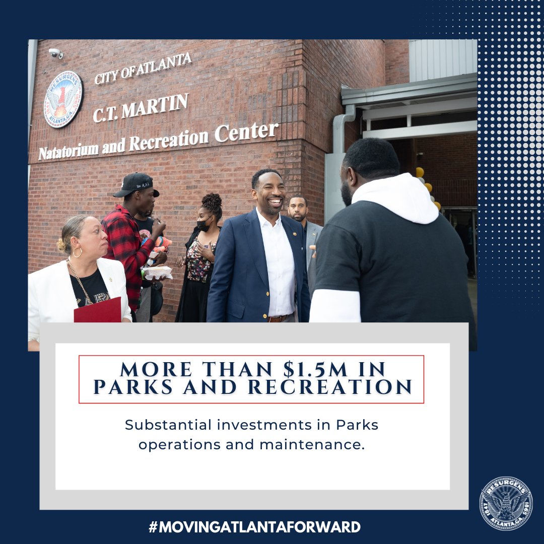CityofAtlanta's tweet photo. Mayor @Andreforatlanta's first budget proposal for Fiscal Year 2023 is making investments in parks and recreation to #MoveAtlantaForward. View the full release regarding the Administration's budget at: https://t.co/UxeFaV6z3g https://t.co/zfy3pHj8AH