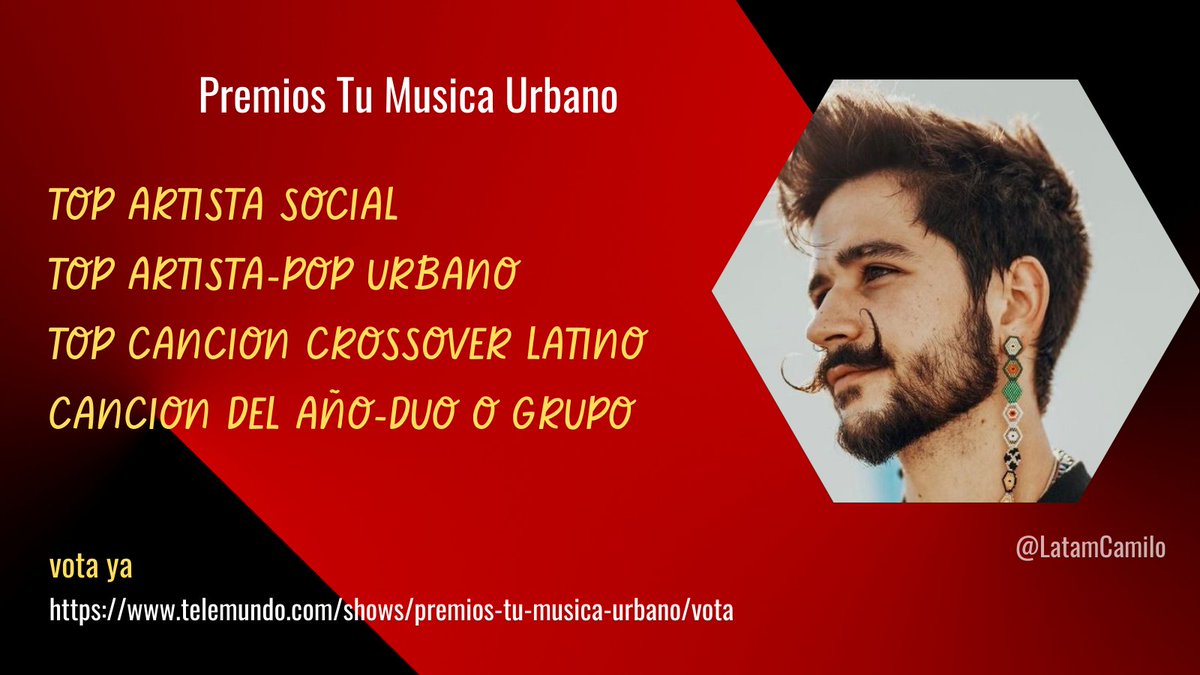 LatamCamilo's tweet photo. Camilo está nominado a los premios Tu Música urbano. Los ganadores serán presentados el jueves 23 de junio https://t.co/IdIxjqVRXt