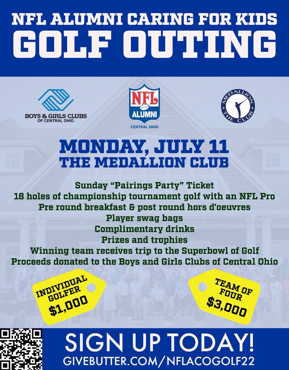 Calling all golfers! Play a round of #golf. Hang out with <a href="/NFLAlumni/">NFL Alumni</a>. Support <a href="/BGCCentralOhio/">Boys & Girls Clubs of Central Ohio</a> and the young people we serve.

Don’t play? Volunteer as an official scorekeeper.

Reach out for details.

Big thanks to <a href="/AndyKatzenmoyer/">Andy Katzenmoyer</a> and his team!