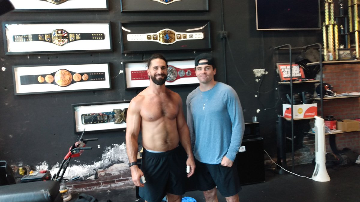 If you know, you know. Here's @tylerblack_6 meeting @WWERollins at @BlackandBrave Wrestling Academy before tonight's game in Davenport, IA! #TRatNation