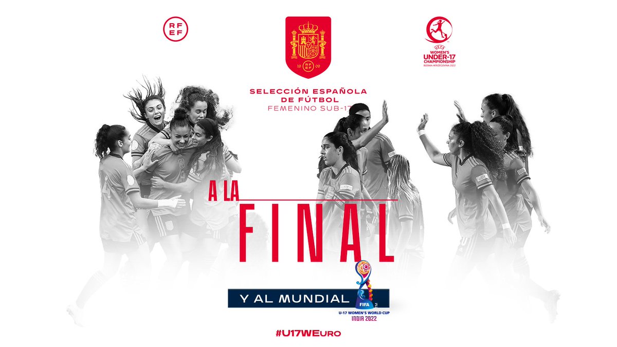 SEFutbolFem's tweet photo. 🇪🇸 ¡A la final…  

...𝗬 𝗡𝗢𝗦 𝗩𝗔𝗠𝗢𝗦 𝗔𝗟 𝗠𝗨𝗡𝗗𝗜𝗔𝗔𝗔𝗟! 🇮🇳

✔️ Trinidad y Tobago (2010) 🥉

✔️ Costa Rica (2014) 🥈

✔️ Jordania (2016) 🥉

✔️ Uruguay (2018) 🥇

✔️ La India (2022) ❓

🏆 España defenderá título como 𝘃𝗶𝗴𝗲𝗻𝘁𝗲 𝗰𝗮𝗺𝗽𝗲𝗼𝗻𝗮 

#U17WWC https://t.co/SPSJuzBq8H