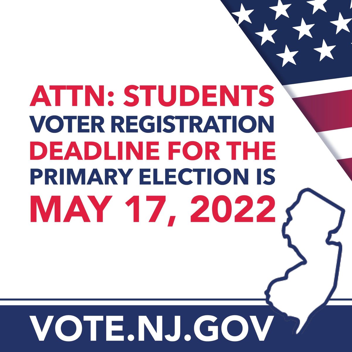 📣 Attention High School & College Students
May 17 is the FINAL day you can register to vote in order to participate in the June Primary Election. Visit Vote.NJ.Gov to register or to check your registration status. #NJVotes #VoterRegistration #NJStudentsVote