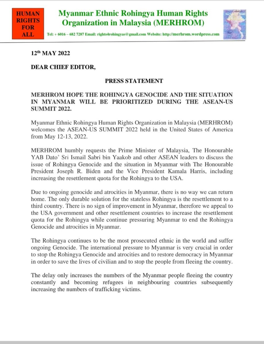 uscb's tweet photo. The #Myanmar Ethnic Rohingya Human Rights Org called upon #ASEAN leaders to ask for increased resettlement quotas from Biden at the ASEAN-US Summit, which is today &amp; tomorrow. The Rohingya need this because it's still too dangerous for them to return home.
#Myanmar #SaveMyanmar https://t.co/fU2ASUhxkr