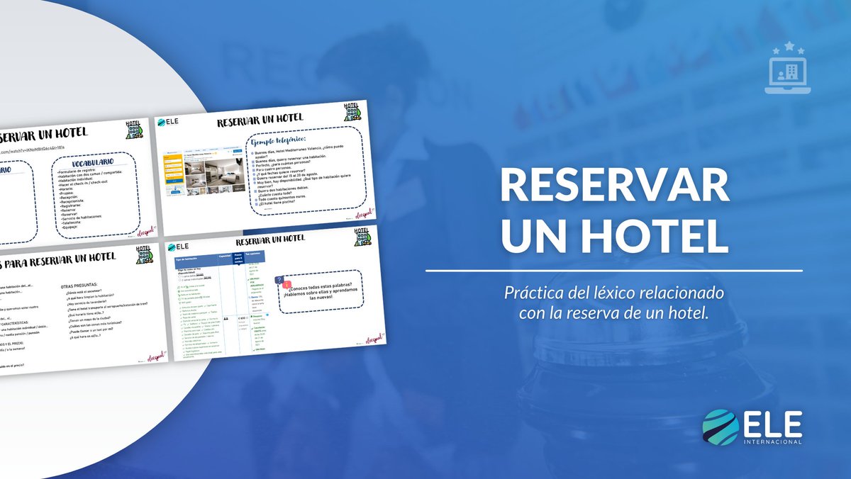 ELEIcursos's tweet photo. Actividad de #roleplay para practicar con tus alumnos cómo reservar un hotel 🏩
👉 https://t.co/dNV8SuppL6
#materialELE #profeELE #TwitterELE https://t.co/NXvo92uDHY