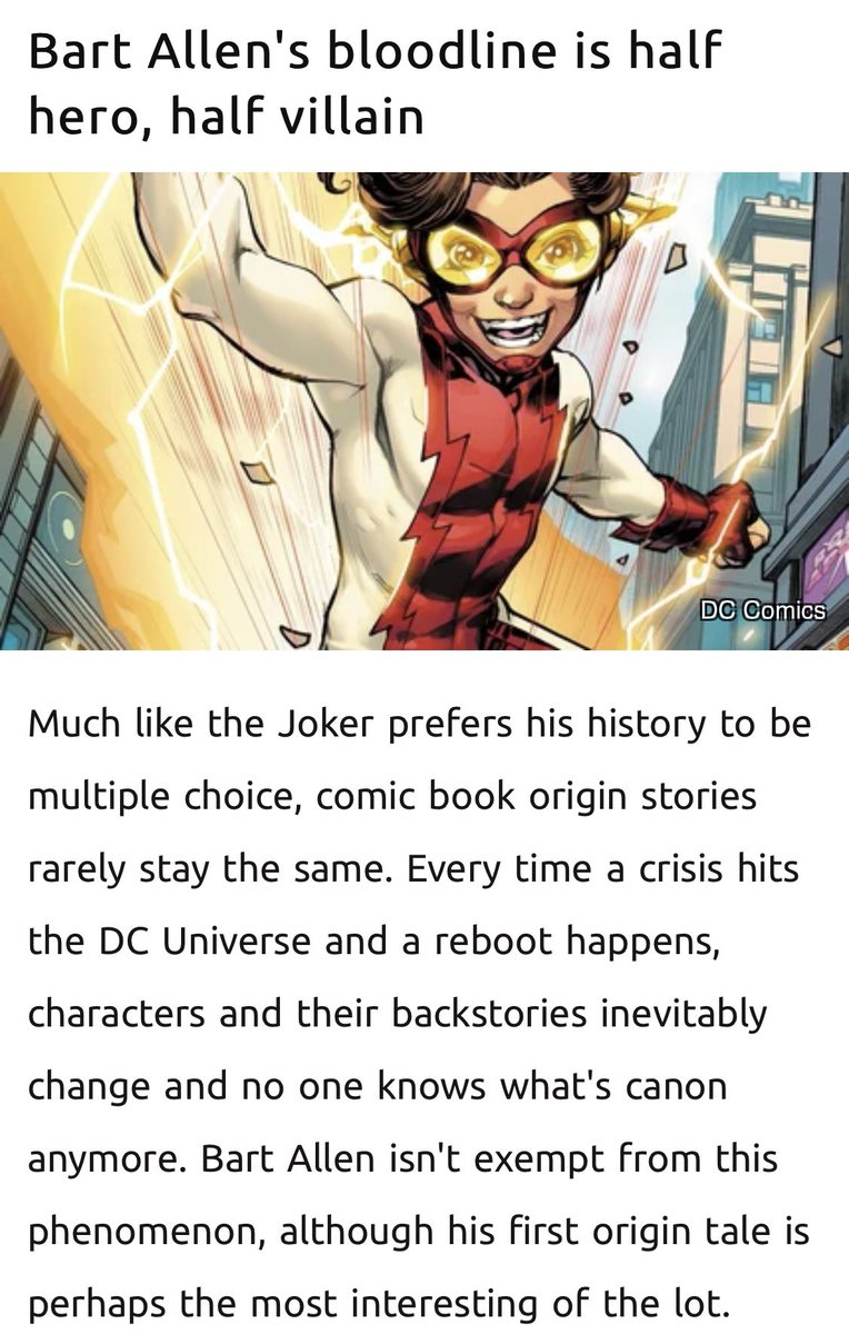 lcandelario0650's tweet photo. @DCComics Yes,Bart Allen is half Allen and half Thawne. His family tree and powers, along with his naive and impulsive personality makes him stand out from Berry and Wally. He is the personification of fun and being a kid. And,he is love for it! #BartAllen #bartallenimpulse https://t.co/P6Bz3Njkch
