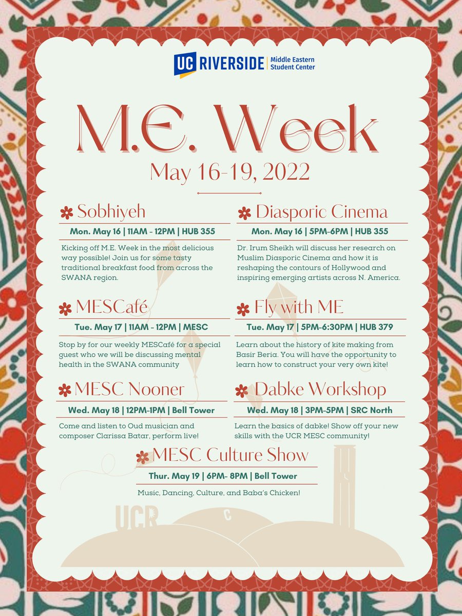 mescucr's tweet photo. ⭐️M.E. WEEK IS HERE⭐️
We’re so excited to finally bring back M.E. Week after 2 years! Join us for a week of culture, education &amp; community!

HAPPENING MAY 16-19! 
See you there!
-
-
-
#mescucr #ucr #ucriverside #lifeatucr #meweek #meweek2022 https://t.co/USGYlynVNn