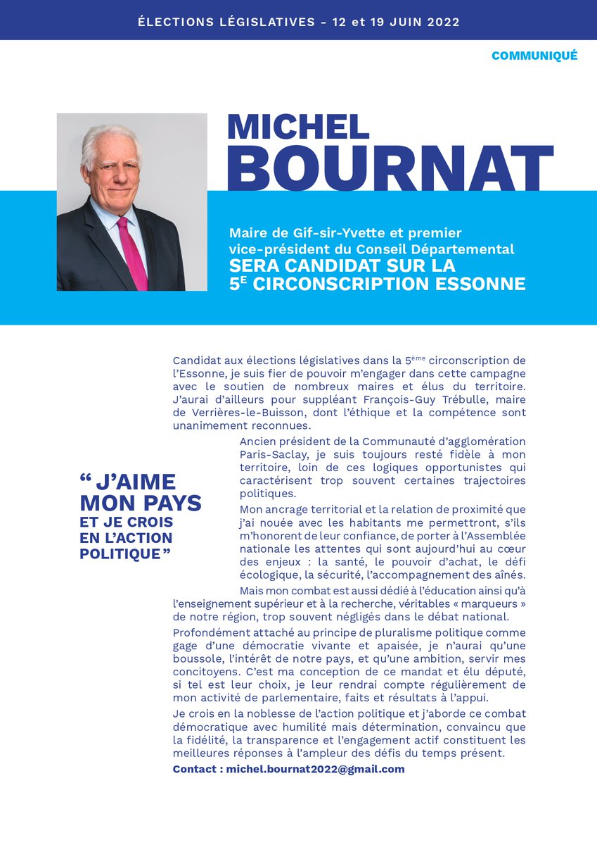 Candidature aux législatives 2022 - 5ème circonscription de l'Essonne. Communiqué de presse. #legislatives2022 #Essonne #Engagement #Eludeterrain <a href="/FgTrebulle/">FGTrébulle</a> michelbournat.fr