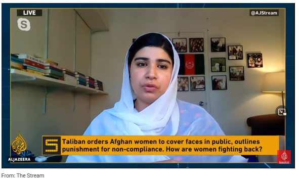 Interview_Her's tweet photo. "There's literally nothing to ban anymore."- @BarakPashtana of @LEARNAfg on #Taliban 's severe restrictions on women. #Afghanistan on @AJStream She's on @Interview_Her for media 🎙️https://t.co/zr7tDOYGGu https://t.co/gzfs5Orfht