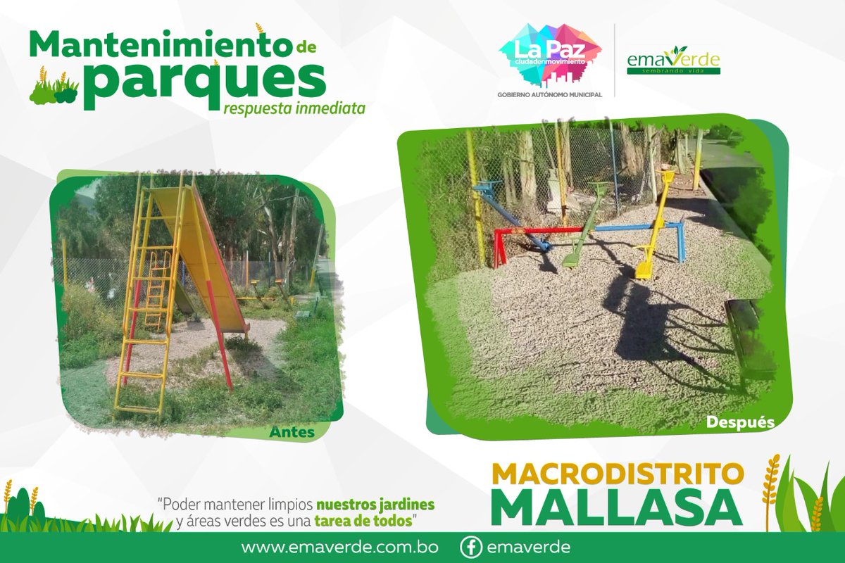En coordinación con la Secretaría Municipal de Gestión Ambiental y Energías Renovables se realiza el mantenimiento de parques distritales en nuestra oh linda La Paz. Pronto estaremos visitando tú zona💚🌱
