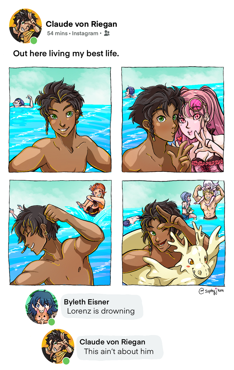Sophyjkim's tweet photo. This ain't about him 

Summer shenanigans with the best House.

#FE3H #FireEmblemThreeHouses #BylethEisner #Byleth #ClaudeVonRiegan #GoldenDeer https://t.co/F7LCB1HLYk