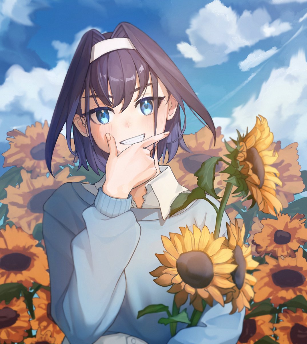 ouro kronii 1girl flower sunflower blue sweater blue eyes hair intakes solo  illustration images