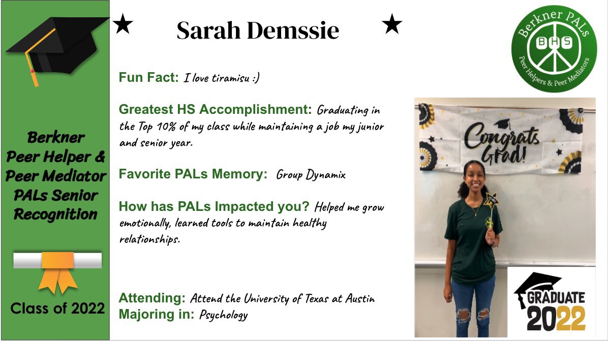 bhsmediators's tweet photo. 🎓🐏💚Senior PALs Spotlight: Sarah Demssie #Classof2022 #alwaysaRAM #RamPride #Ramily 💚🐏🎓@RISDPALs @BerknerHelpers @bhsstem @RISDPreventProg https://t.co/AjZwBdSLst