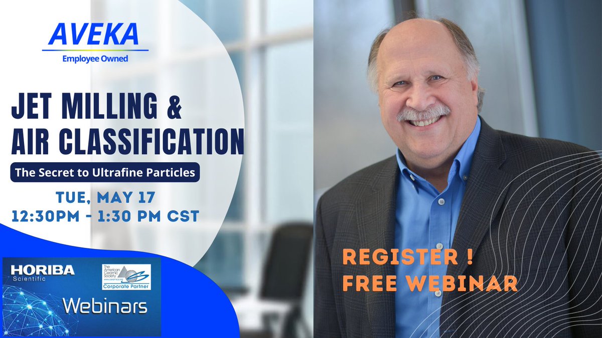 AvekaGroup's tweet photo. Want to know more about Jet Milling and Air Classification?  Then SIGN UP for this Webinar:  "Jet Milling &amp; Air Classification - The Secret to Ultrafine Particles" presented by Willie Hendrickson, CEO &amp; Founder of AVEKA.
REGISTER HERE: https://t.co/B7qEgJP0Um https://t.co/8nLnT0JhkX