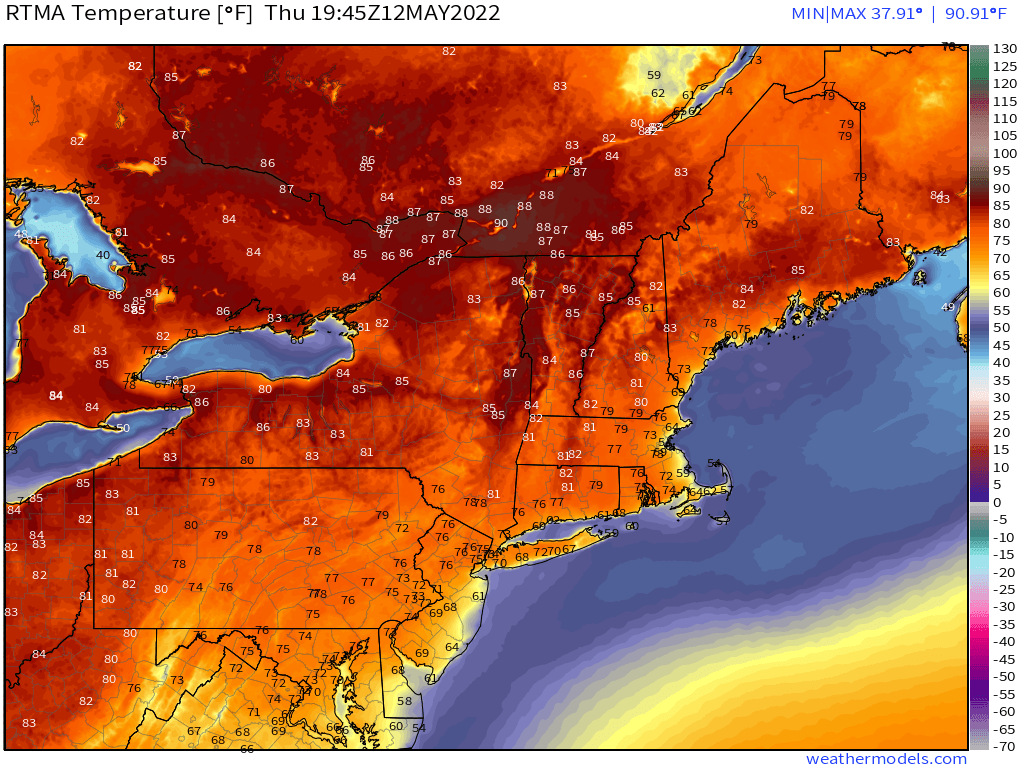 ericfisher's tweet image. Heat coming down from the north as that endless cutoff low gives up ground to our south

Near 90F in the St Lawrence today