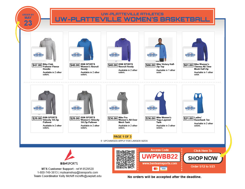 UWPlattWBB's tweet photo. Apparel Store NOW open!!!  Need some summer gear? Need some birthday presents? Just need more orange &amp; blue Pioneer gear in your life?
Look no further! Shop at the link below! Store is open until 5/23/22.
https://t.co/NN58BtkYuh https://t.co/4AoAqEZN0q