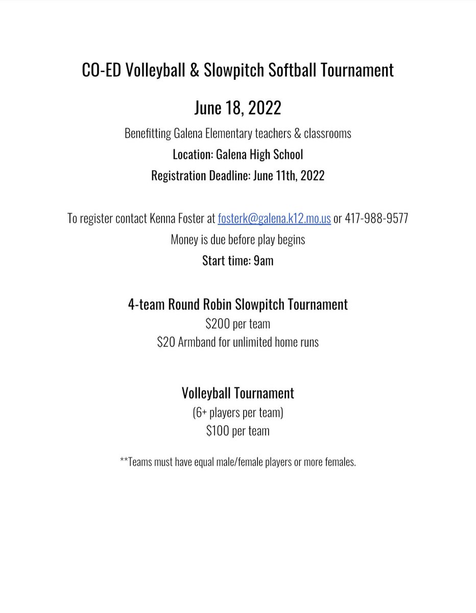 kg_two_oh's tweet photo. We’re hosting two coed tournaments @GalenaRII on June 18th. Message, email, or text me to register. First come, first serve for the 4 softball teams! https://t.co/YlcxPUJtKN